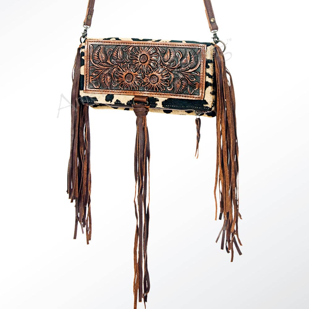 ADBG526 Hair-On Cowhide Shoulder Bag with Hand-Tooled Leather Floral Panel & Fringe