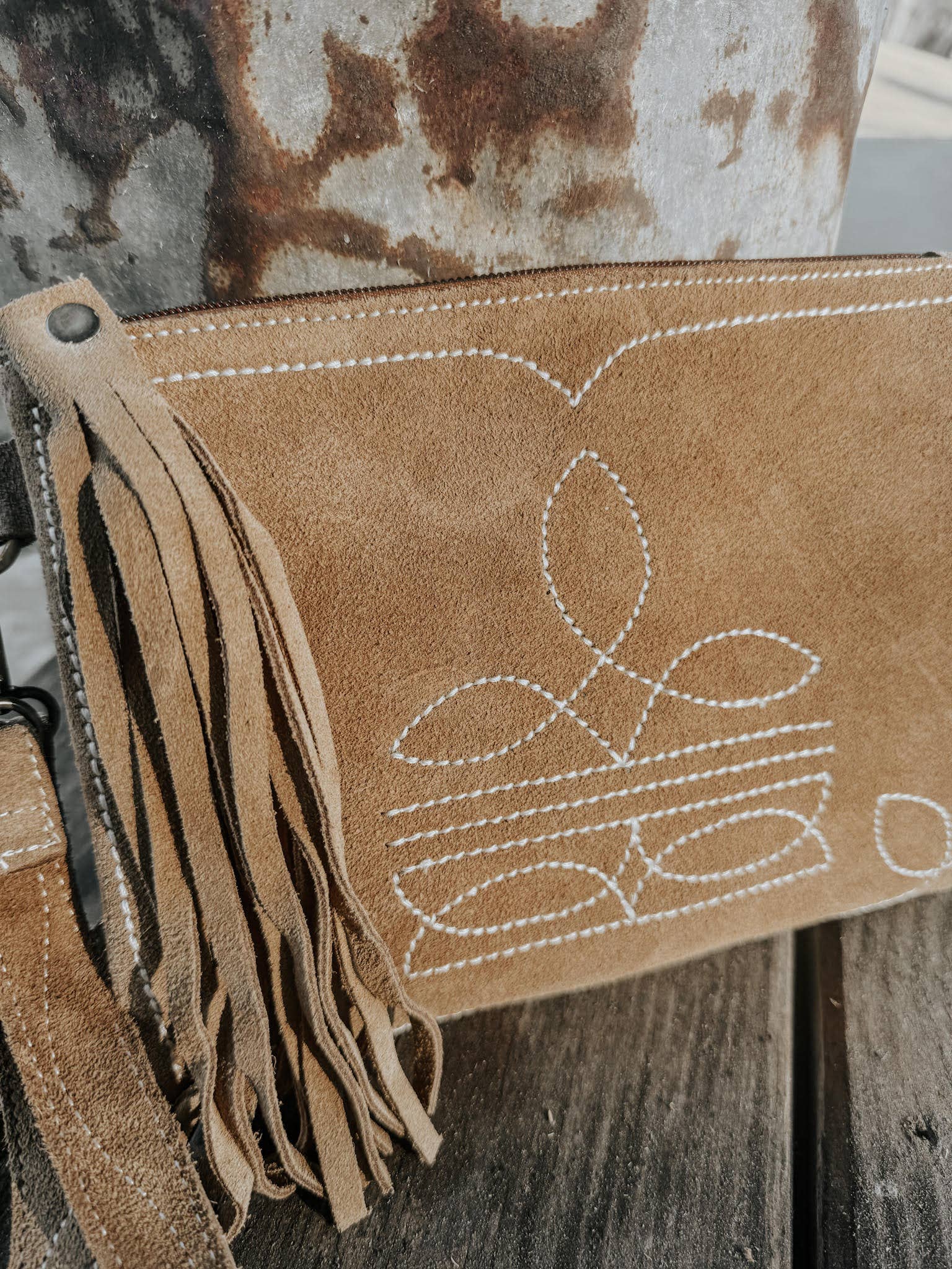 Boot Stitch Suede Leather Purse with Wristlet