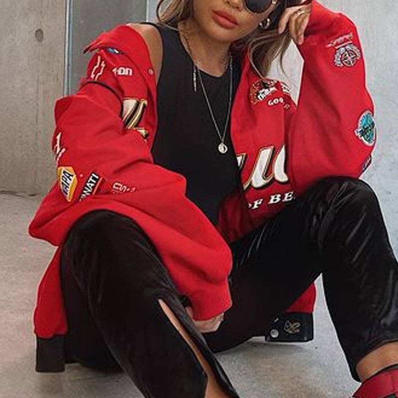 Red Printed Sporty Loose Casual Jacket