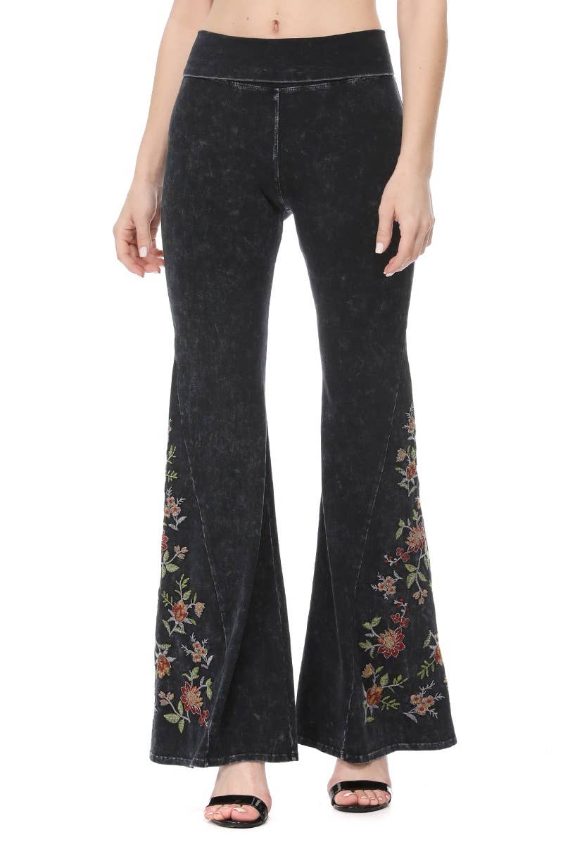 Mineral Wash Floral Embroidery Flare Yoga Pants