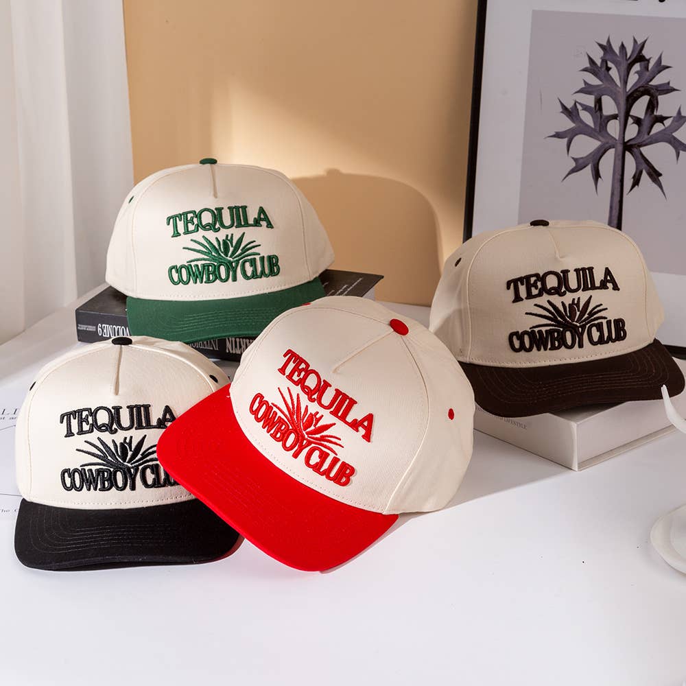 TEQUILA COWBOY Message Embroidered Five Panel Canvas Snapback Baseball Cap