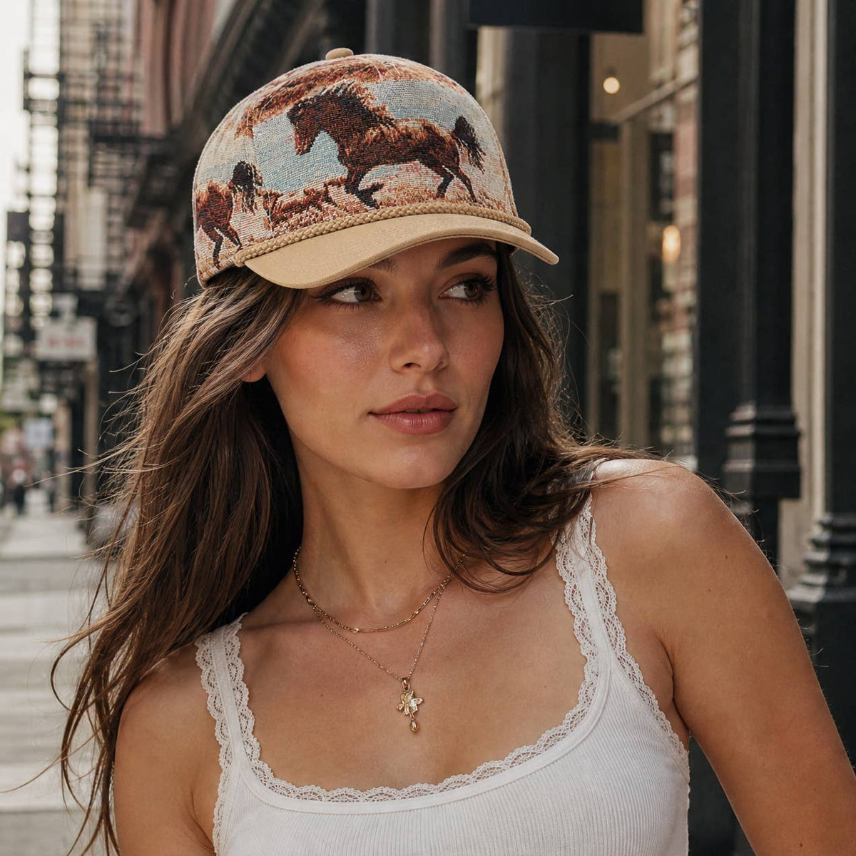 Vintage Western Wild Horse Tapestry Rope Trucker Hat
