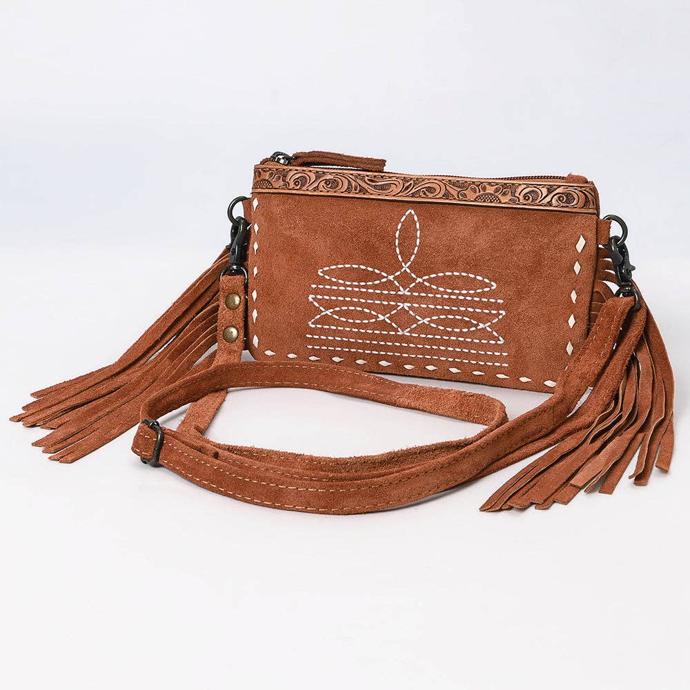 ADBG1662 American Darling Western Genuine Suede Leather Small Cross Body Bag with & Hand-Tooled Accents