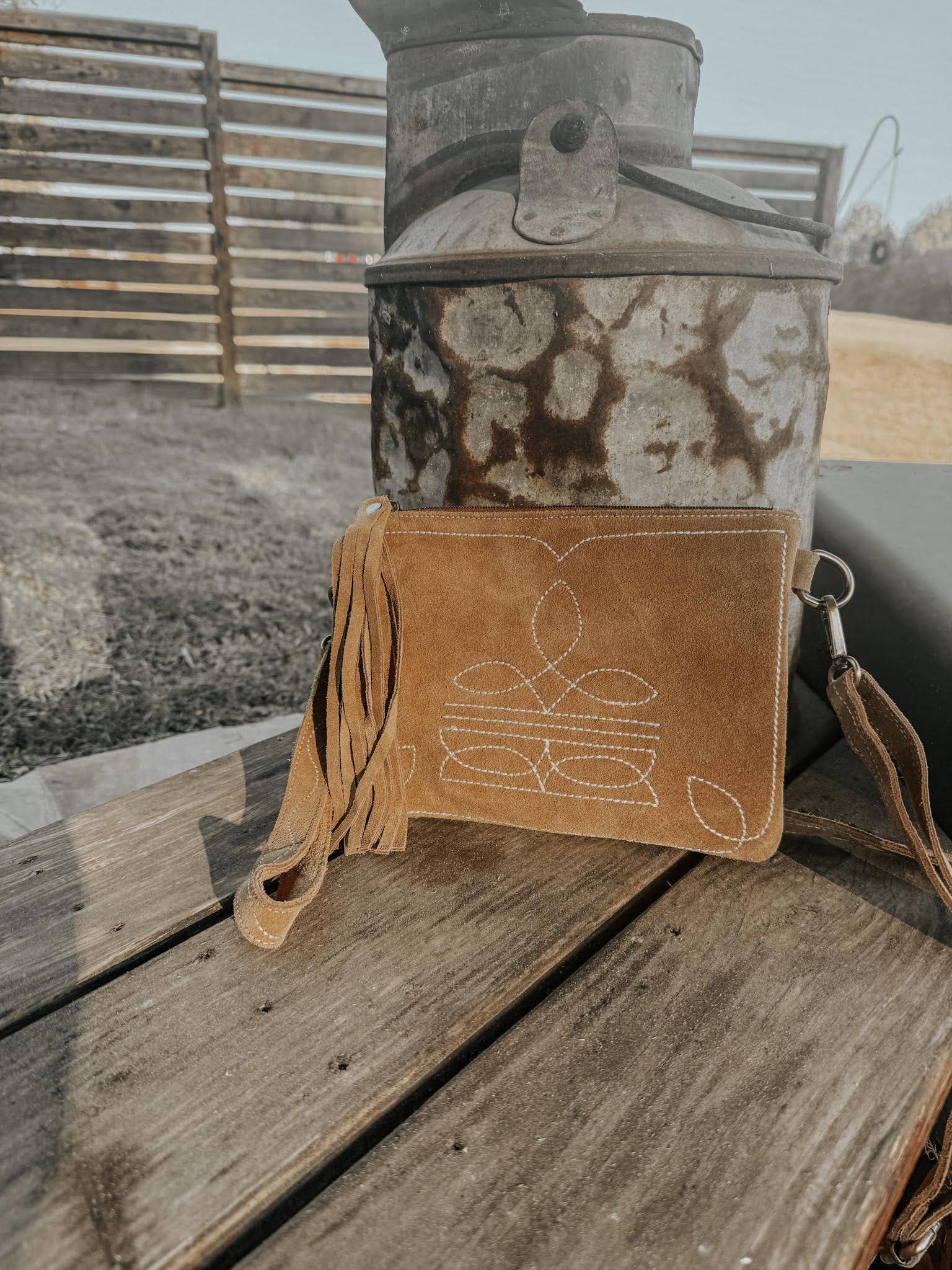Boot Stitch Suede Leather Purse with Wristlet
