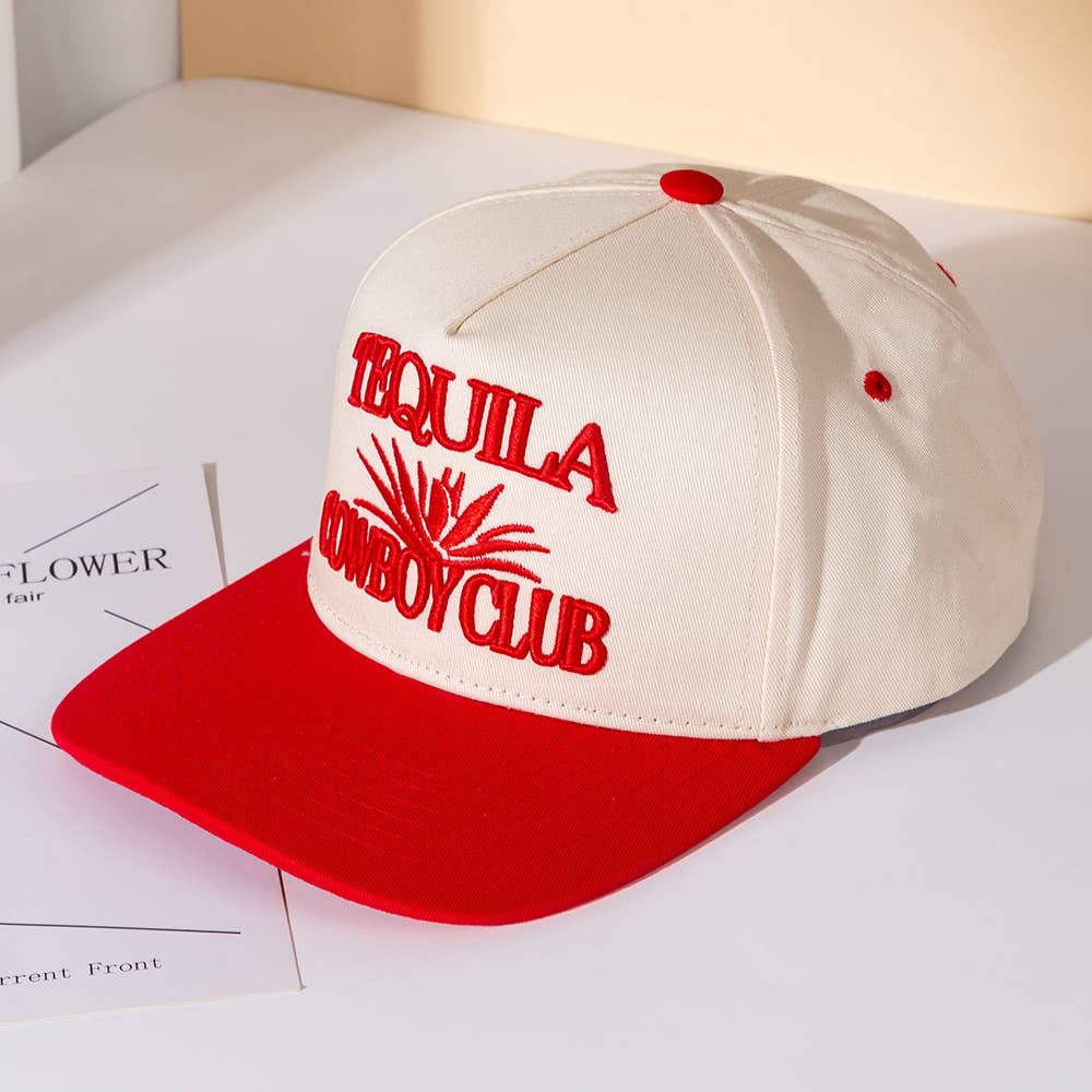 TEQUILA COWBOY Message Embroidered Five Panel Canvas Snapback Baseball Cap