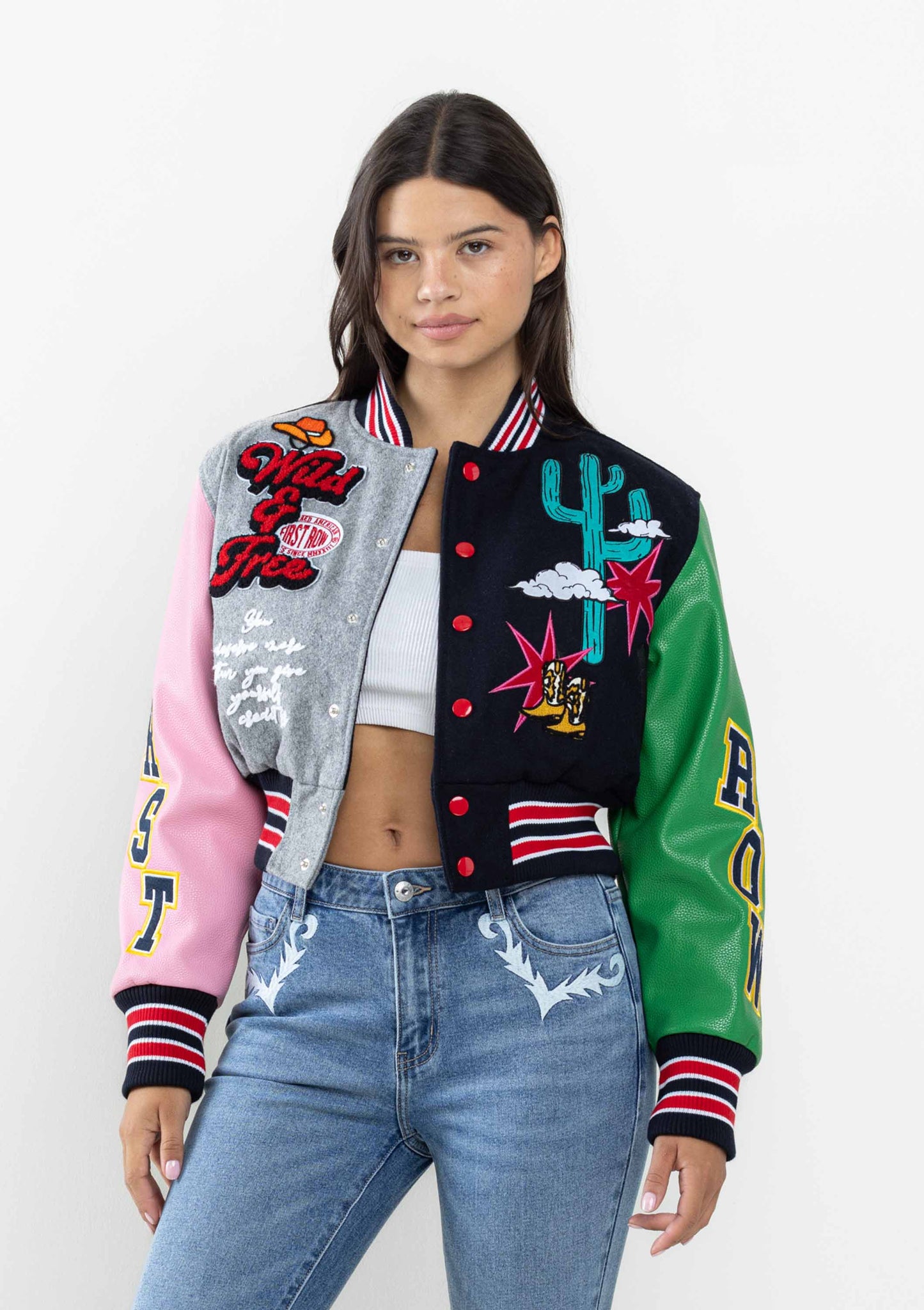 WILD AND FREE CROPPED VARSITY JACKET