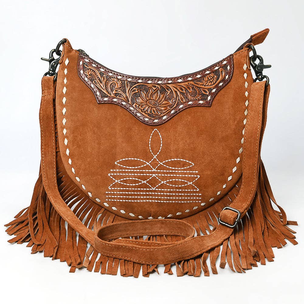 ADBG1663 American Darling Western Genuine Suede Leather Large Crossbody Bag with Fringe & Hand-Tooled Details